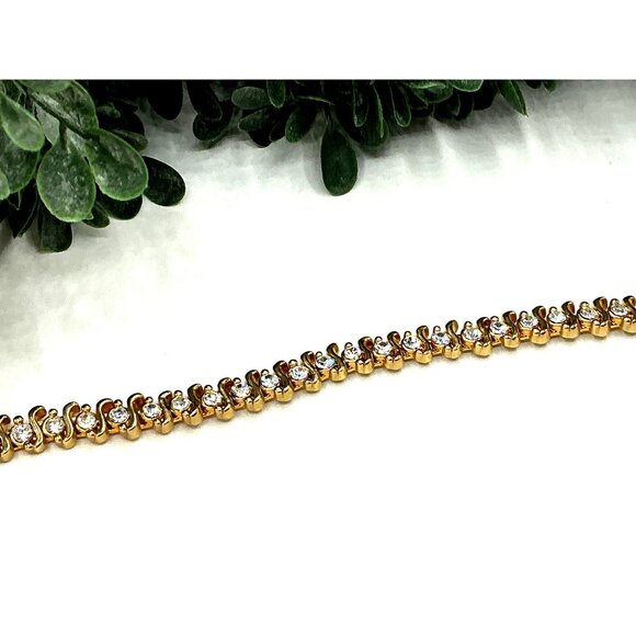 Gold-Tone Tennis Bracelet With Rhinestones and Double-Layered Chain Design - Picture 2 of 7
